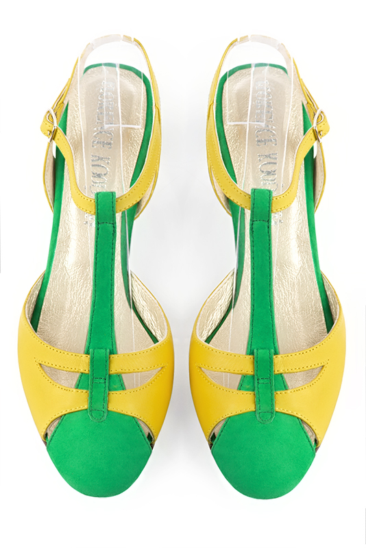 Emerald green and yellow women's open back T-strap shoes. Round toe. Medium comma heels. Top view - Florence KOOIJMAN